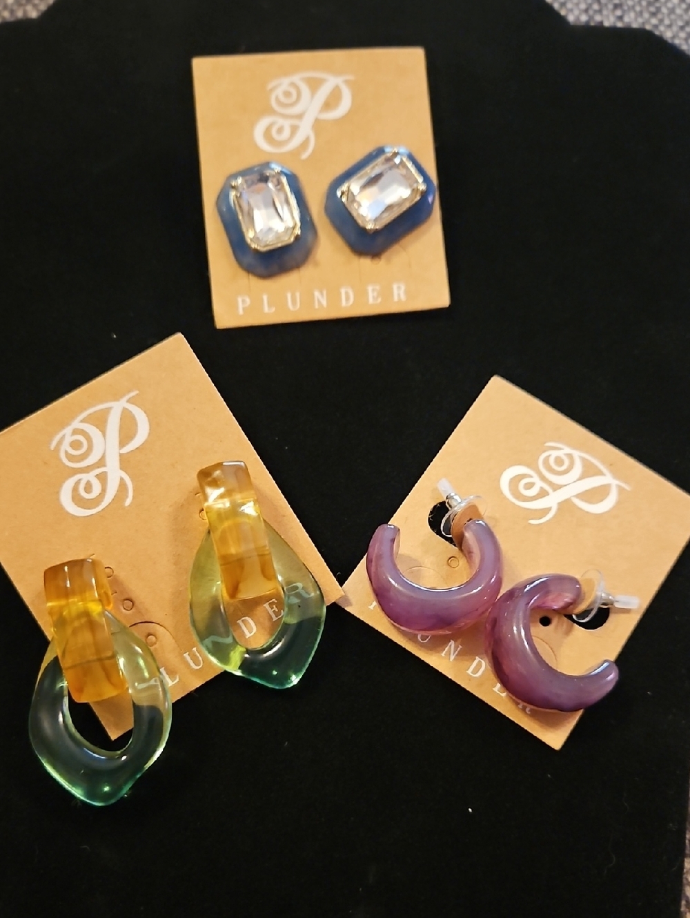 Plunder Colorblock Resin & Crystal Earring Trio - Blue, Green, Purple, Amber